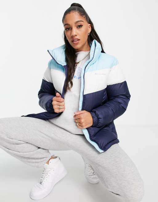 Columbia Puffect color block jacket in blue/white