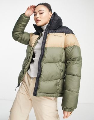 Columbia Puffect colour block jacket in khaki and stone