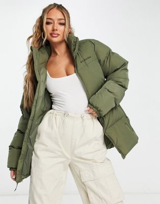 Columbia Puffect crinkle finish nylon puffer jacket in khaki Exclusive at ASOS