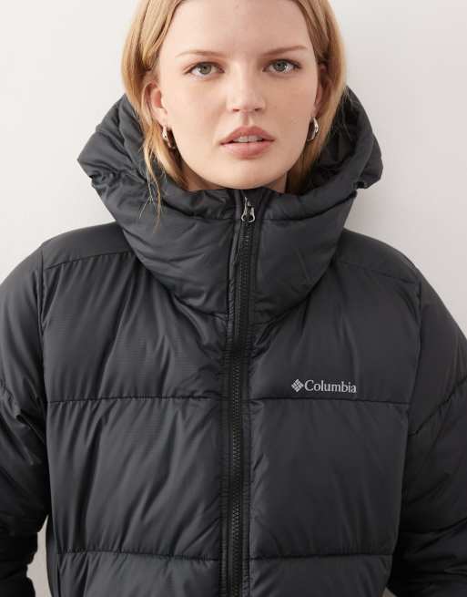 Columbia – Puffect II – Langer Steppmantel in Schwarz mit Kapuze