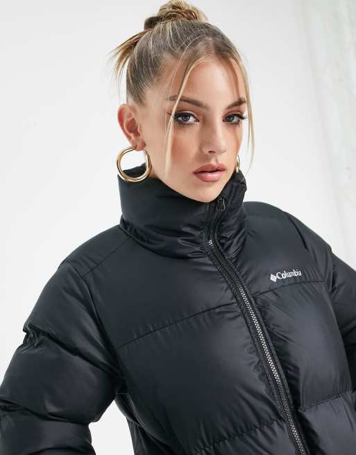 Columbia Puffect sherpa unisex puffer jacket in black Exclusive at ASOS