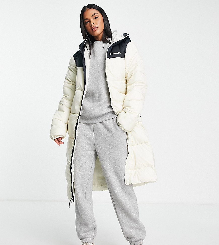 Columbia Puffect long line puffer coat in beige/black Exclusive at ASOS-Neutral