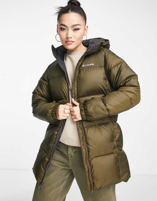 Columbia Puffect Mid hooded jacket in khaki | ASOS