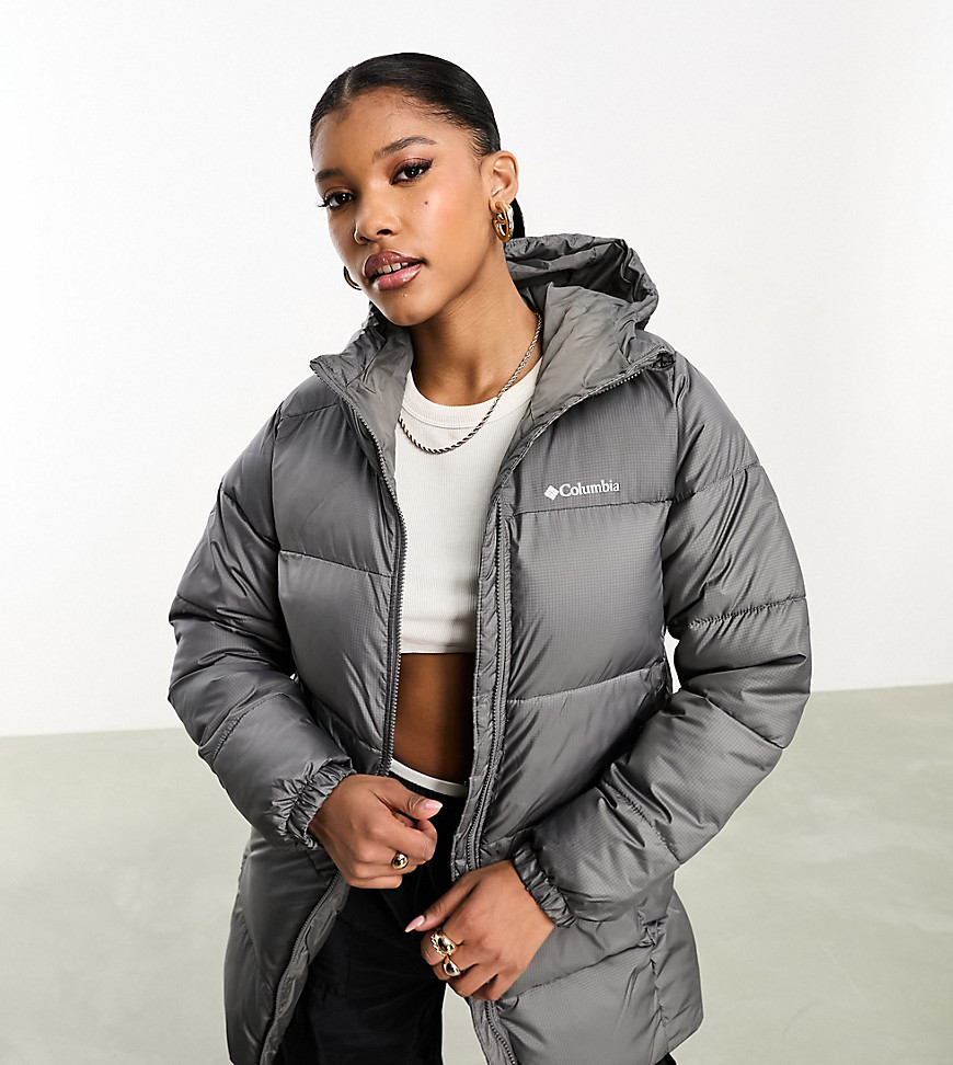 Columbia Puffect mid hooded puffer coat in grey Exclusive at ASOS