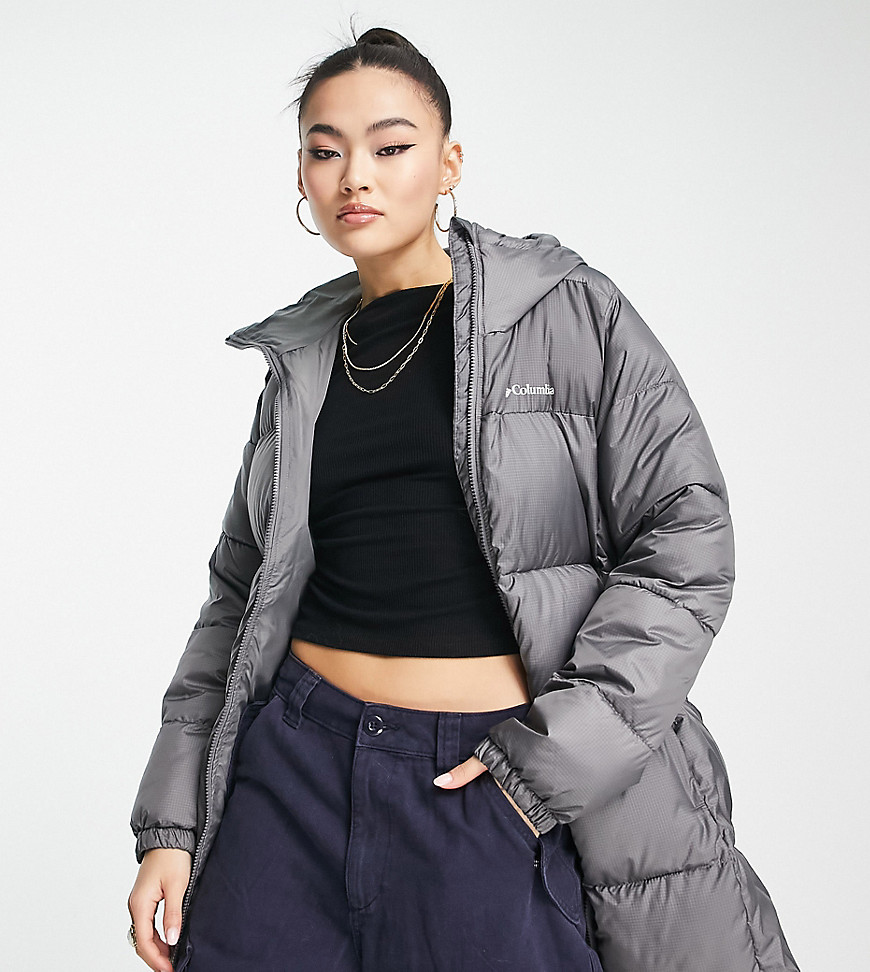 Columbia Puffect mid hooded puffer coat in grey Exclusive at ASOS