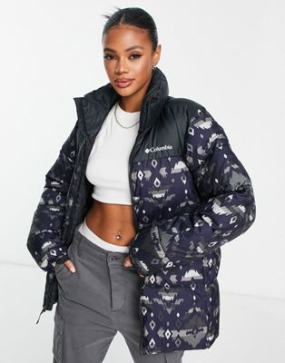 Columbia Puffect puffer jacket in black rocky mountain print Exclusive at ASOS