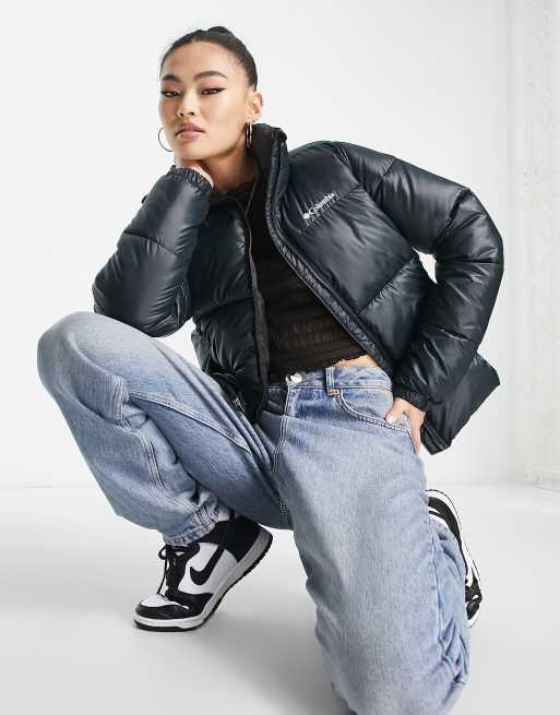 Columbia Puffect cropped puffer jacket in shiny black Exclusive at ASOS