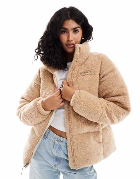 Columbia Puffect puffer sherpa jacket in canoe brown