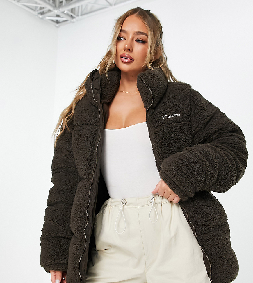 Columbia Puffect sherpa unisex puffer jacket in brown Exclusive at ASOS