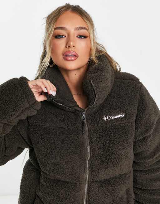 Columbia Puffect sherpa unisex puffer jacket in brown Exclusive at ASOS