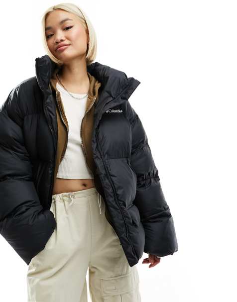 ASOS DESIGN puffer jacket with high neck in stone