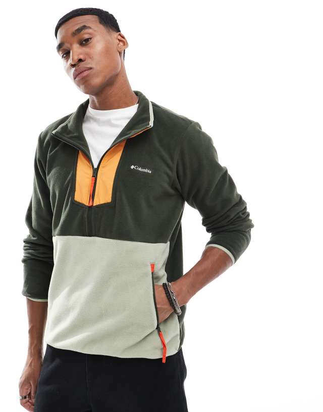 Columbia Sequoia Grove half zip fleece in green and orange | ASOS