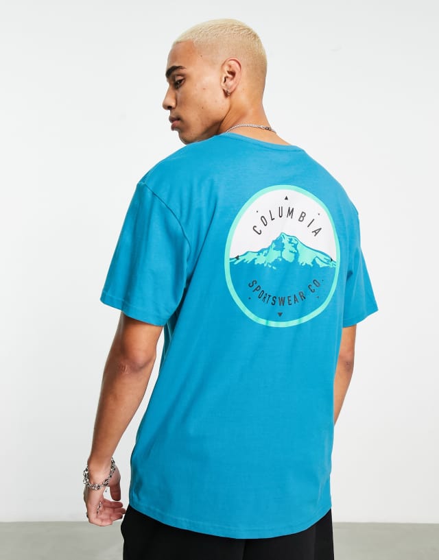 Columbia Tillamook Way II back print t-shirt in blue Exclusive at ASOS