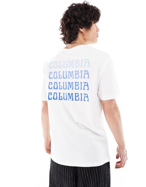 Columbia – Unionville – T-Shirt in Weiß und Blau mit Rückenprint, exklusiv bei ASOS