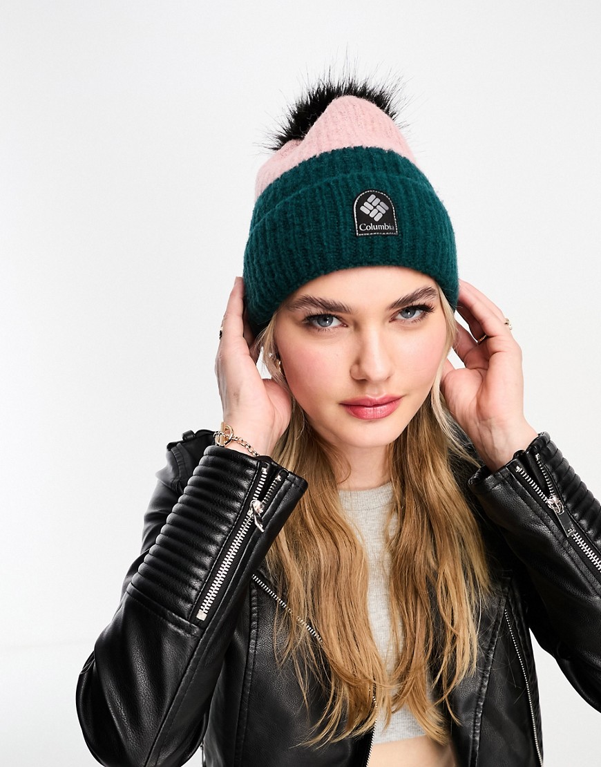 Columbia Winter Blur pom pom beanie in navy and pink