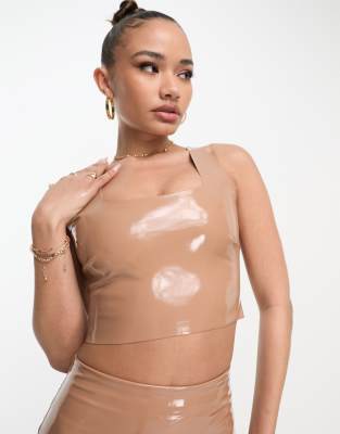 Commando Commando co-ord faux patent leather crop top in tan-Brown