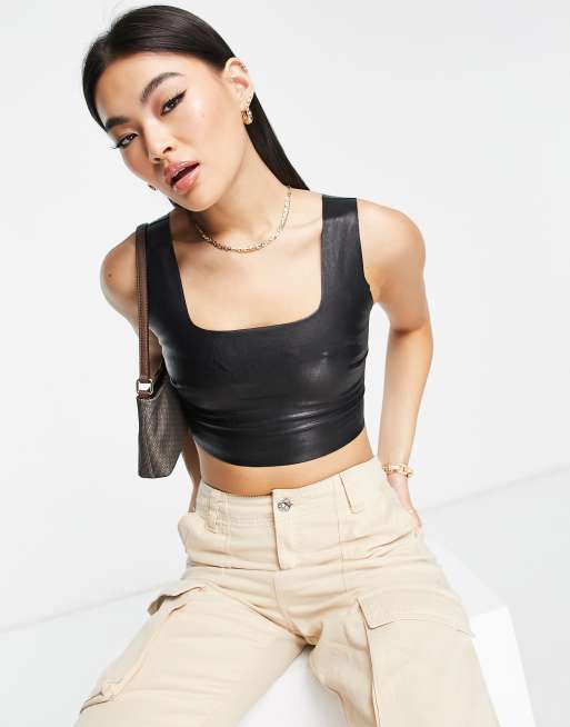 Commando faux leather crop top in black, 3 of 4