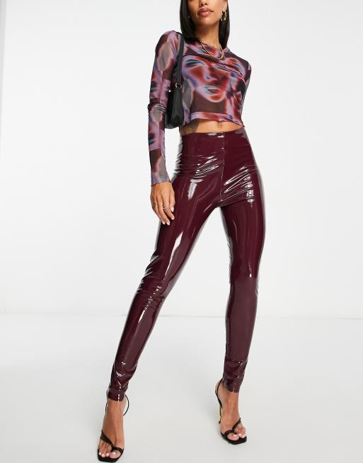 ASOS DESIGN leather look leggings with side split in red