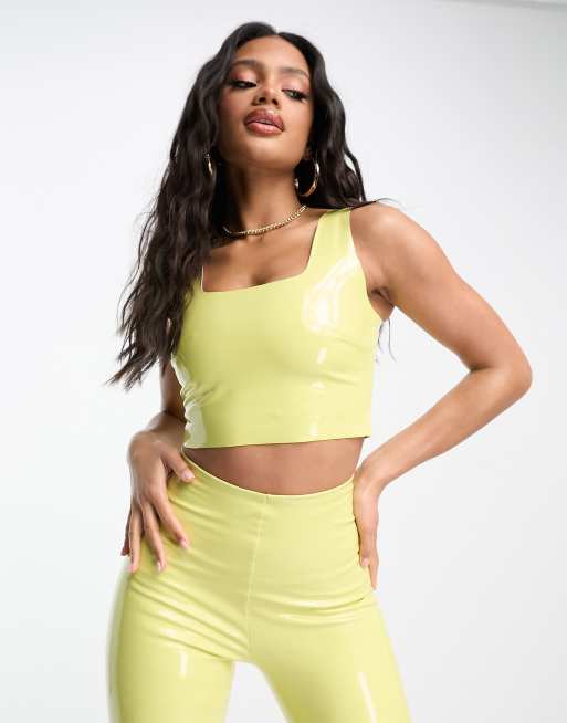 Commando faux patent leather crop top and leggings set in pastel yellow