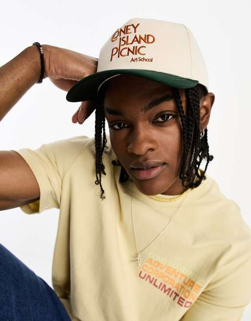 Coney Island Picnic baseball cap in beige and green with art school print