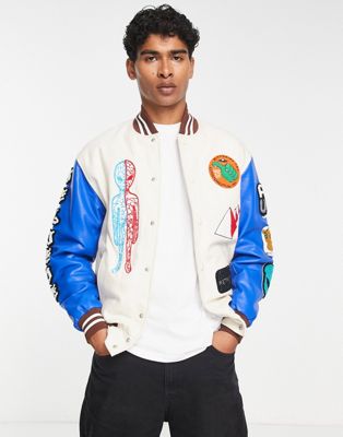 Coney Island Picnic believe varsity bomber jacket in off white and purple with embroidered patches