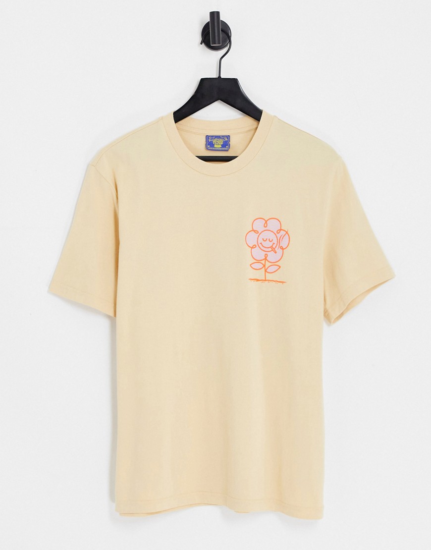 Coney Island Picnic botanicals t-shirt in beige with chest and back print-Neutral