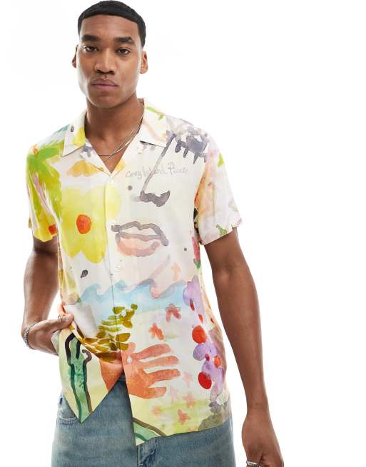 Coney Island Picnic - Camicia con stampa acquerello multicolore con rever