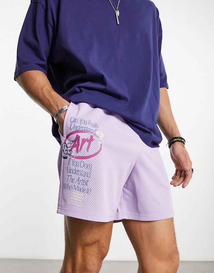 Coney Island Picnic co-ord mesh shorts in purple with art school placement prints