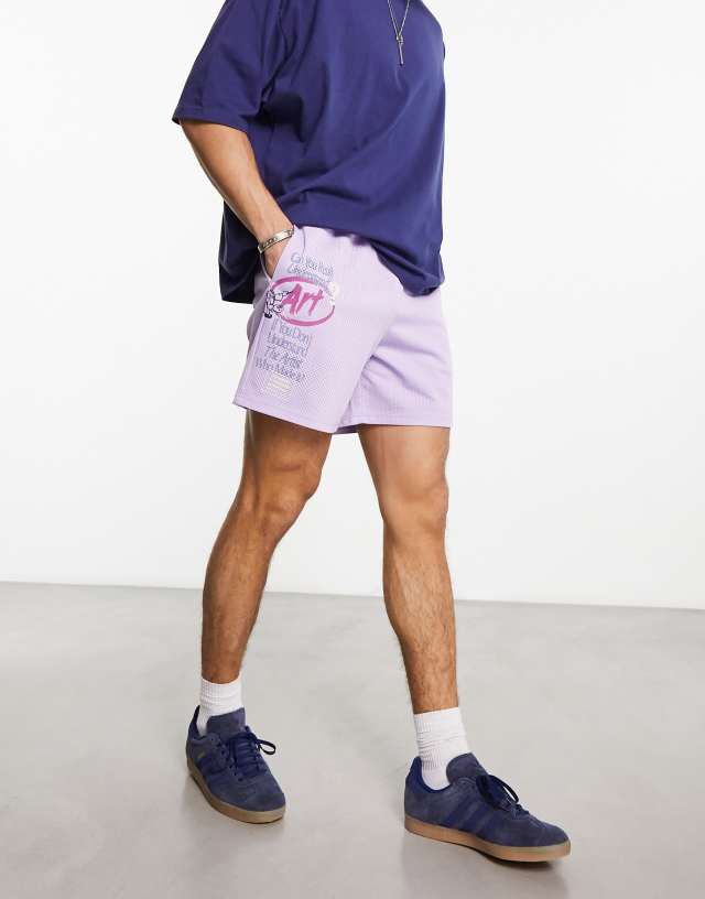 Coney Island Picnic - co-ord mesh shorts in purple with art school placement prints