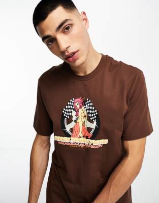 Coney Island Picnic co-ord short sleeve t-shirt in brown with auto body chest print