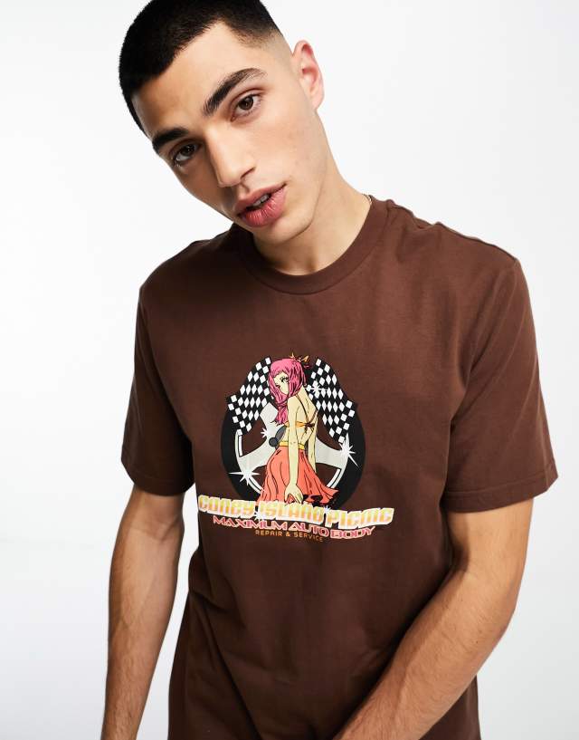 Coney Island Picnic - co-ord short sleeve t-shirt in brown with auto body chest print