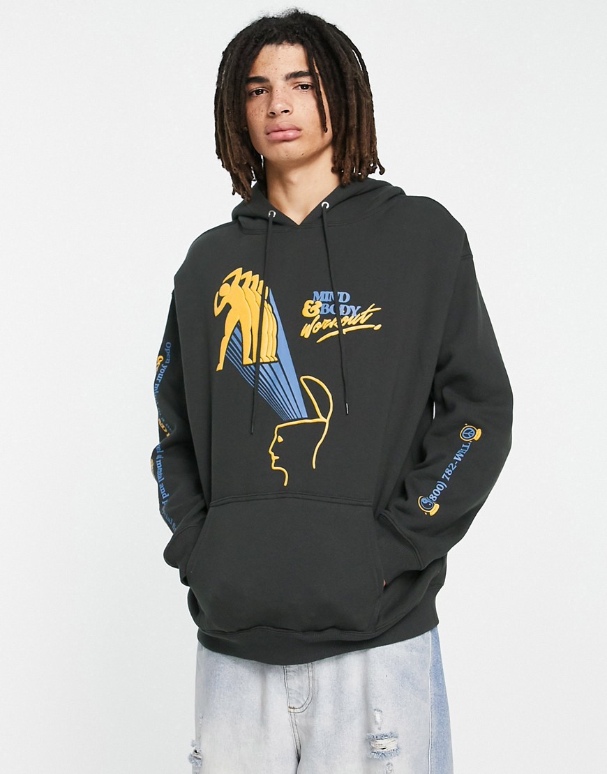 Coney Island Picnic mind and body pullover hoodie in black with placement prints