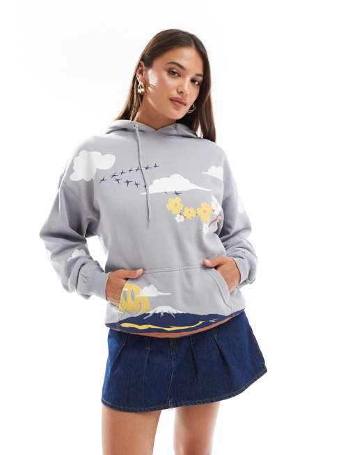 Coney Island Picnic Mt. smile graphic fleece hoodie in grey
