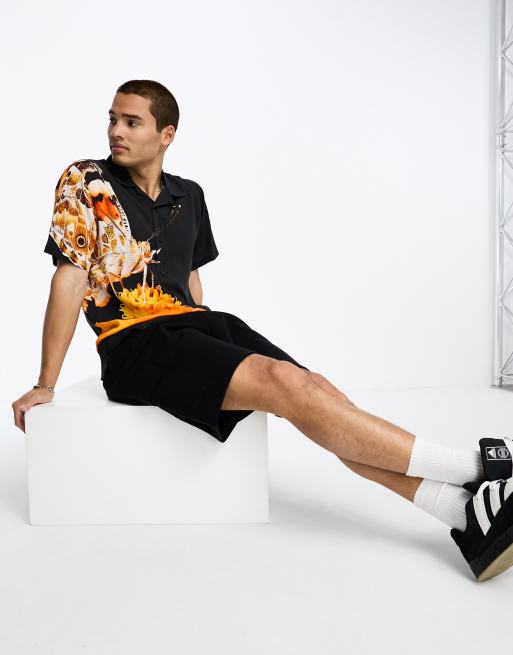 Coney Island Picnic - Overhemd met korte mouwen en reverskraag in zwart met oversized vlinderprint