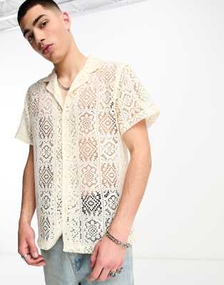 Coney Island Picnic Coney Island Picnic short sleeve revere collared shirt in white crochet