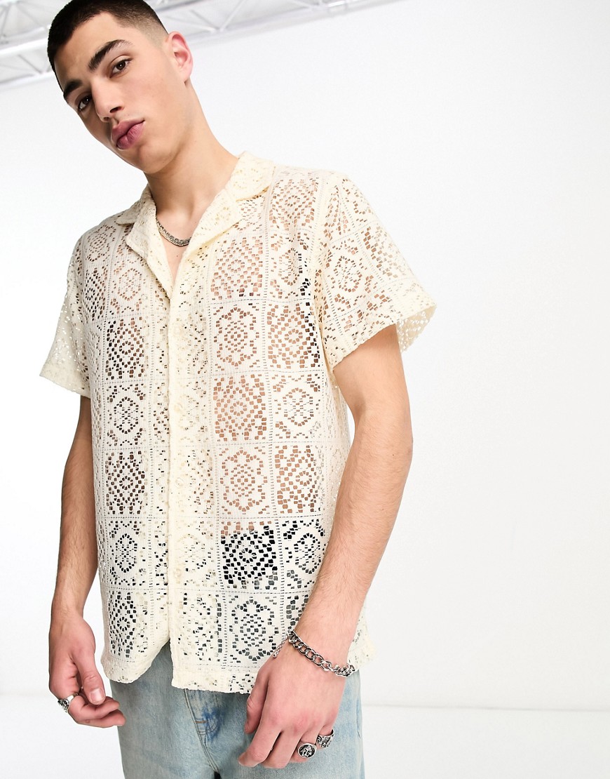 Coney Island Picnic short sleeve revere collared shirt in white crochet