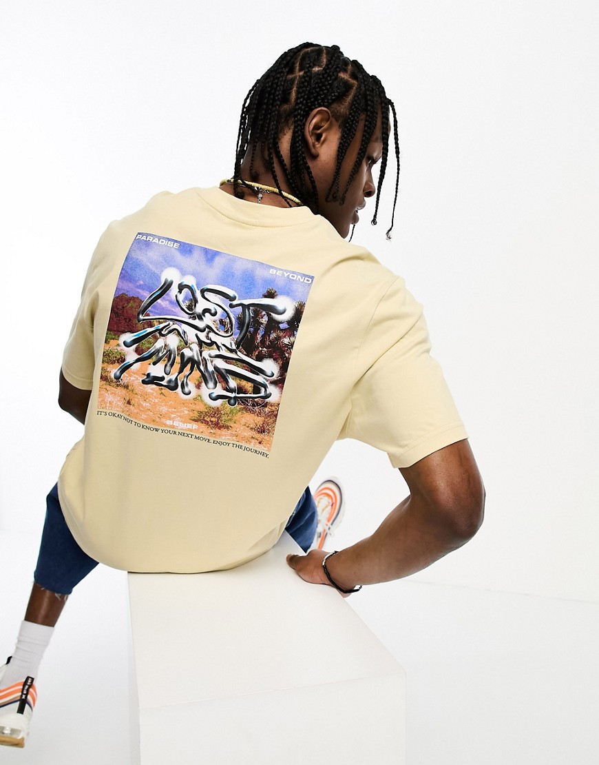 Coney Island Picnic short sleeve t-shirt in beige with lost mind chest and back print-Neutral