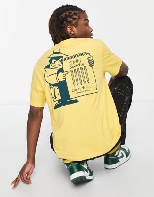 Coney Island Picnic sketchy t-shirt in dusty yellow with chest and back print