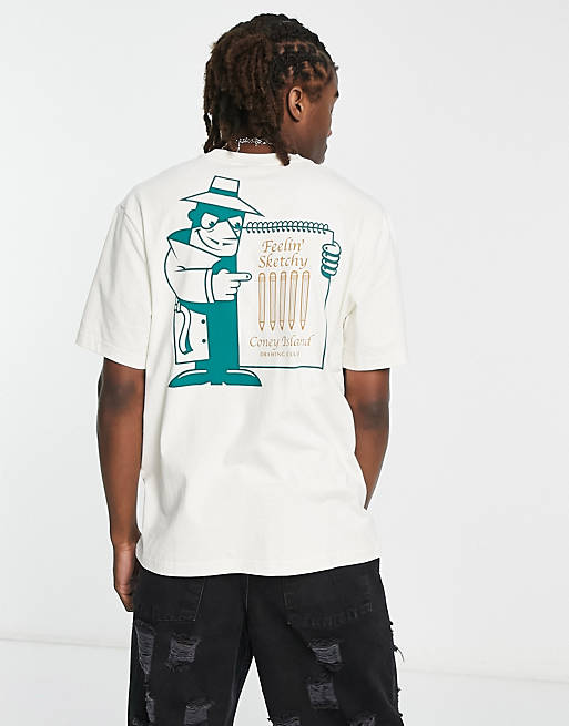 Coney Island Picnic sketchy t-shirt in off white with chest and back ...