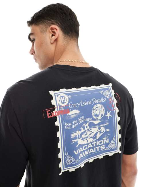 Coney Island Picnic – T-shirt w spranym grafitowym kolorze z grafiką ze znaczkiem pocztowym
