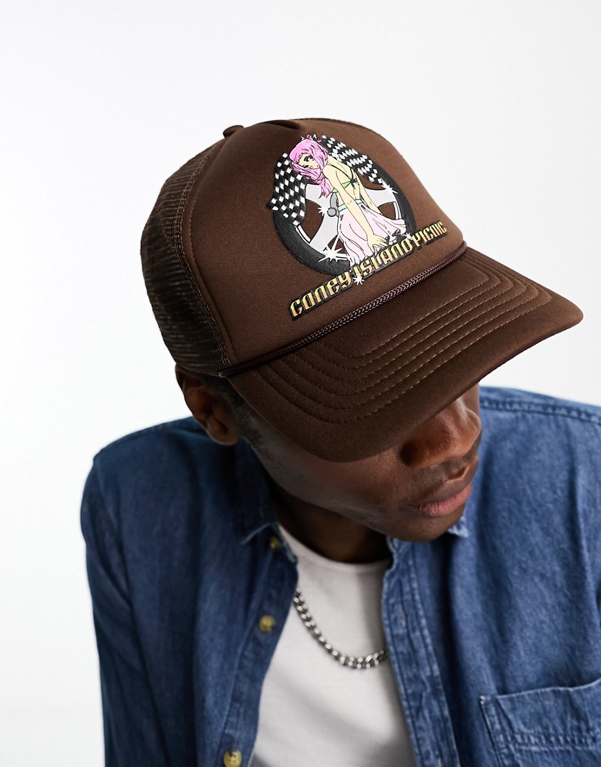 Coney Island Picnic trucker hat in brown with auto body print