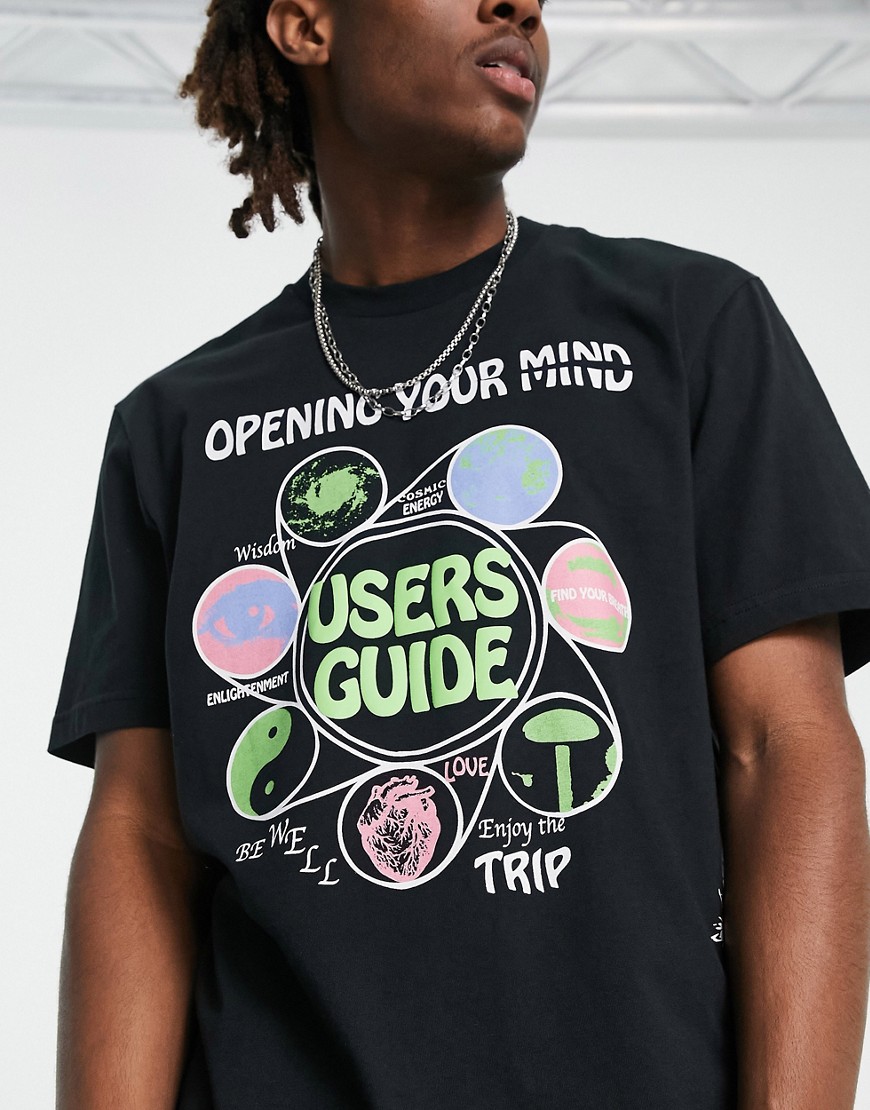 Users Guide T-shirt in black with placement graphic print