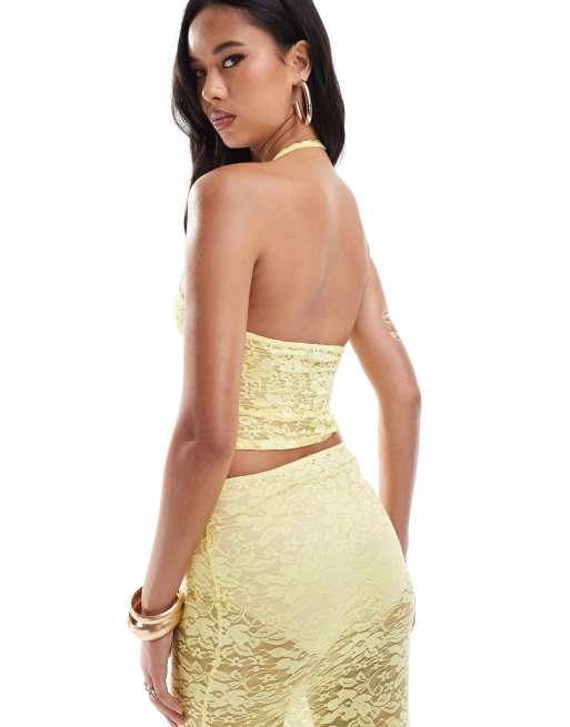 Conjunto amarillo de top con cuello halter y pecho fruncido y falda de encaje de ASOS DESIGN