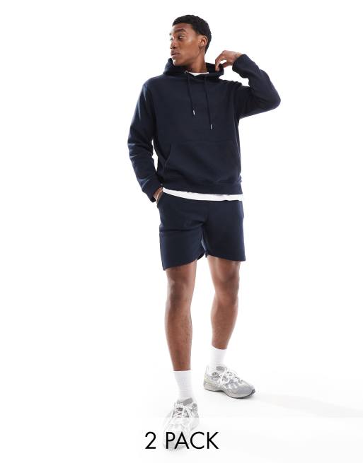 Conjunto azul marino de pantalones cortos y sudadera sin aberturas con capucha de punto liso de Don't Think Twice