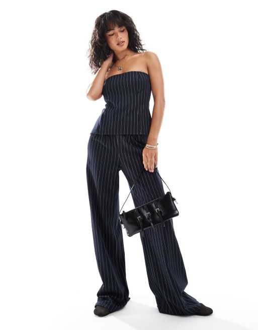 Conjunto azul marino de pantalones y top largo con escote palabra de honor y raya diplomática de ASOS DESIGN