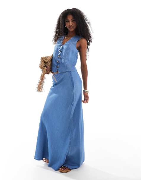 Conjunto azul medio de chaleco y falda larga de cambray de ONLY - view 1