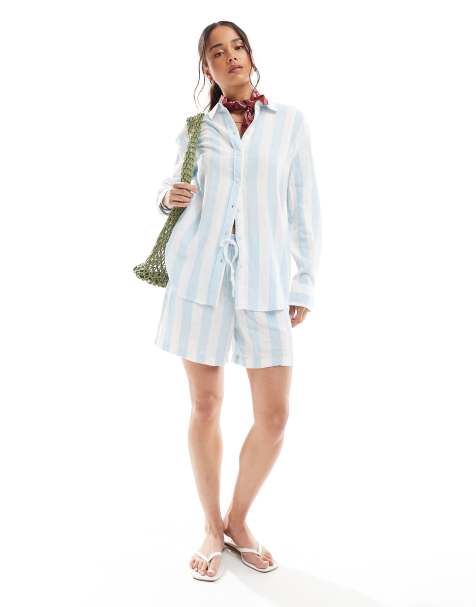 Conjunto azul pálido a rayas de camisa extragrande y pantalones cortos de tejido efecto lino de Vero Moda - view 1