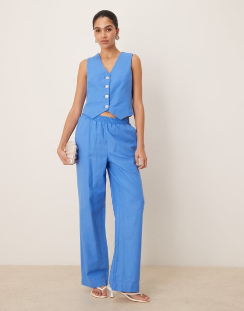 Conjunto azul Provenza de pantalones y chaleco de tejido efecto lino de YAS - view 1