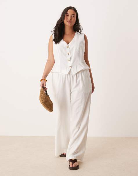 Conjunto blanco de chaleco de sastre corto y pantalones de pernera ancha de tejido efecto lino de Vila Curve - view 1
