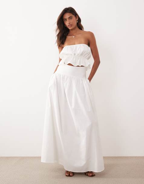 Conjunto blanco de falda larga con cintura baja y top con volante y escote palabra de honor de mezcla de algodón y lino de SNDYS - view 1